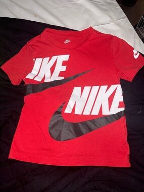 Nike Red Tee with Bold White Logos and Black Swoosh
